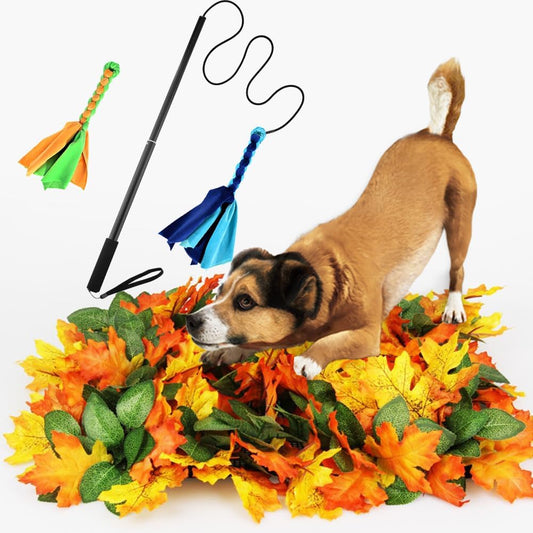 Interactive Dog Toys - Extendable Flirt Pole with Lure Tugs and Maple Leaf Mats for Natural Foraging Training & Slow Feeding, Anxiety Relief Mind Stimulation Puzzle Toys