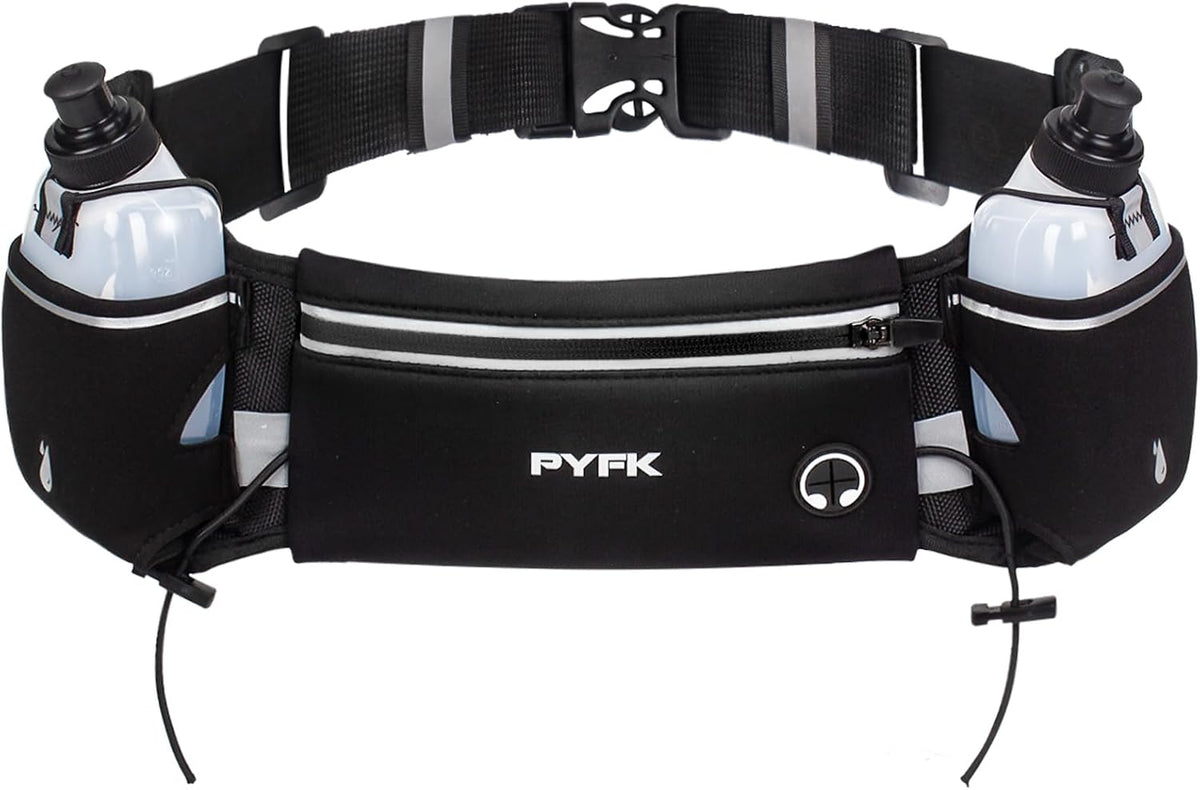 PYFK Running Belt with Water Bottles, Hydration Belt for Men and Women, Water Bottle Holder Running Pouch Water Belt, Fanny Pack Fits 7 Inches Phones, Waist Pack for Runner Jogging