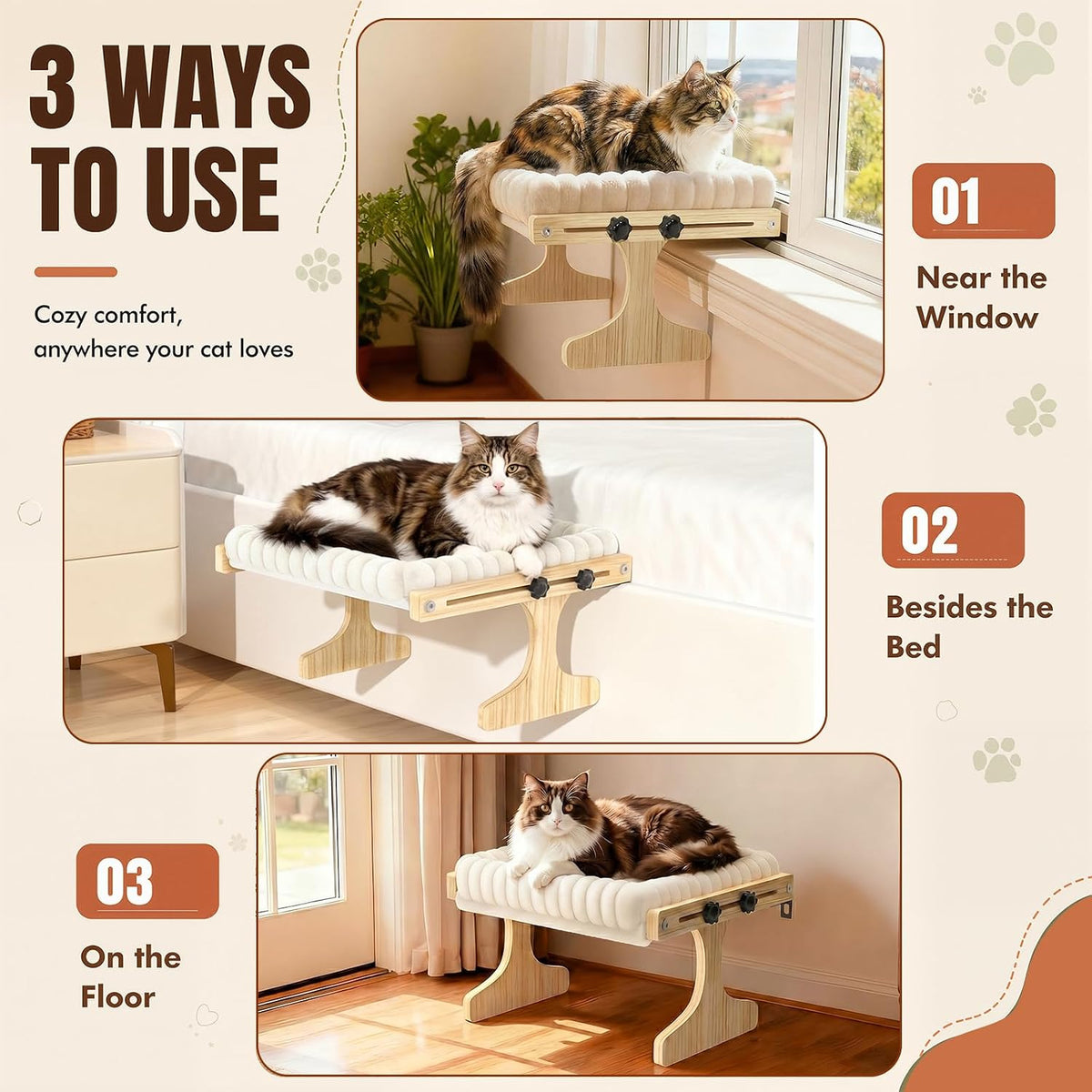 Cat Perch for Window Xiaz Cats Hammock Indoor for Small Medium Sized Cat Window Bed Adjustable Wooden Frame W/Soft Cushion Perfect for Bird Watching Sunbathing Space-Saving Easy Install Single Layer