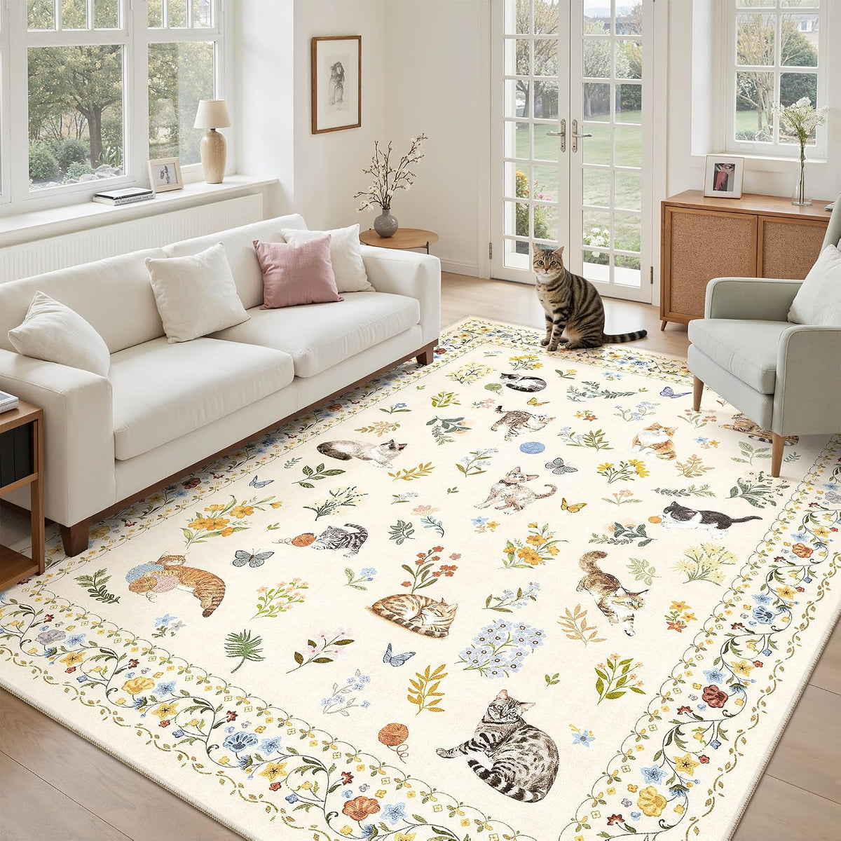 Soalmost Cat 5X7 Area Rugs for Living Room, Washable Animal Soft Rugs Beige
