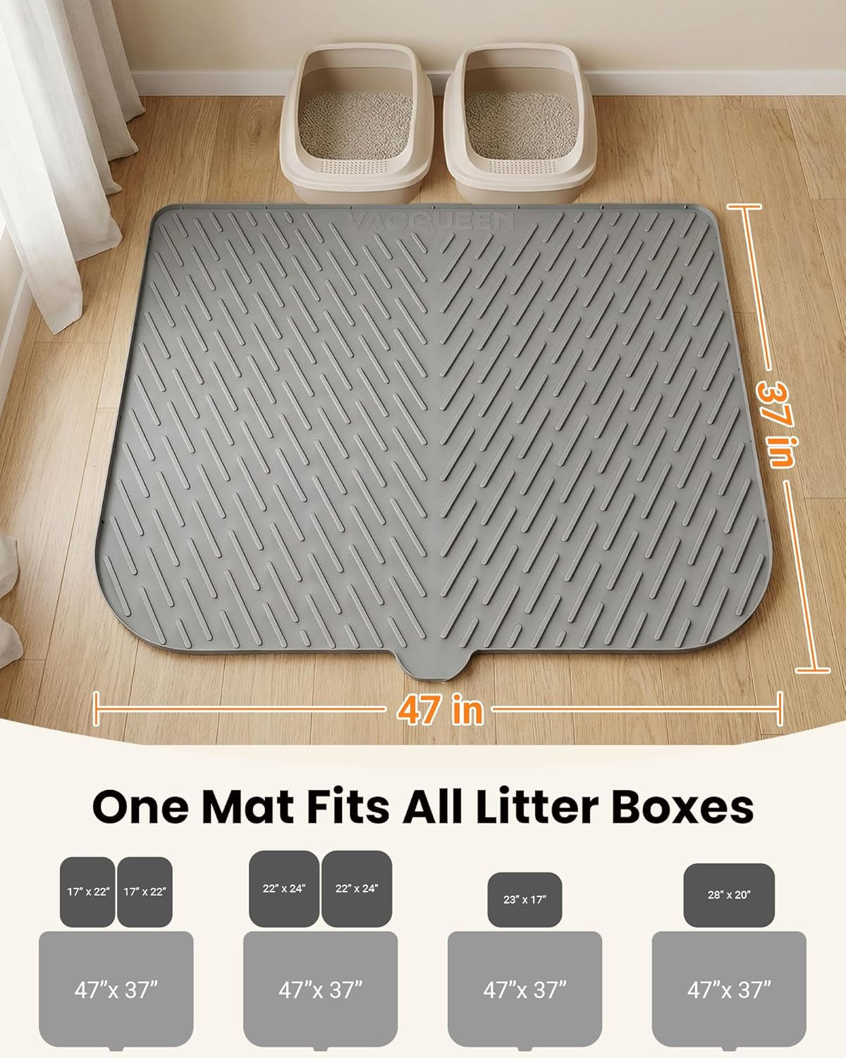 Cat Litter Box Mat, 47" X 37" Extra Large Cat Litter Mat, Silicone Waterproof Litter Trapping Mat for Scatter Control Soft on Kitty Paws Non-Slip Easy to Clean (Gray)