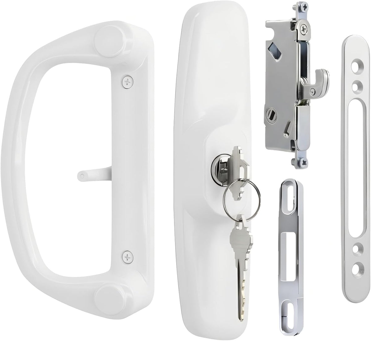 Aluminum Sliding Glass Patio Door Handle Set with Mortise Lock & Keys, Fits 1-1/4" to 2" Thick Doors 3-15/16" Hole Spacing, Adjustable Thumb Latch, Non-Handed, White
