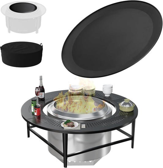 LS'BABQ 45" Fire Pit Surround Tabletop W/Waterproof Cover and Surround Surface Fire Pit Lid for Solo Stove Yukon & Bonfire Accessories, round Outdoor Fire Pit Table for Most Wood-Burning Stoves