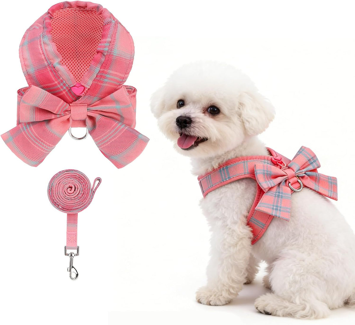 Small Dog Harness and Leash Set, Cute Puppy Vest Harnesses with Bowtie, Step in No Pull Soft Mesh Padded Adjustable Plaid Pet Harness for Extra-Samll Medium Dogs Cats, Boy Girl, Pink XS-M