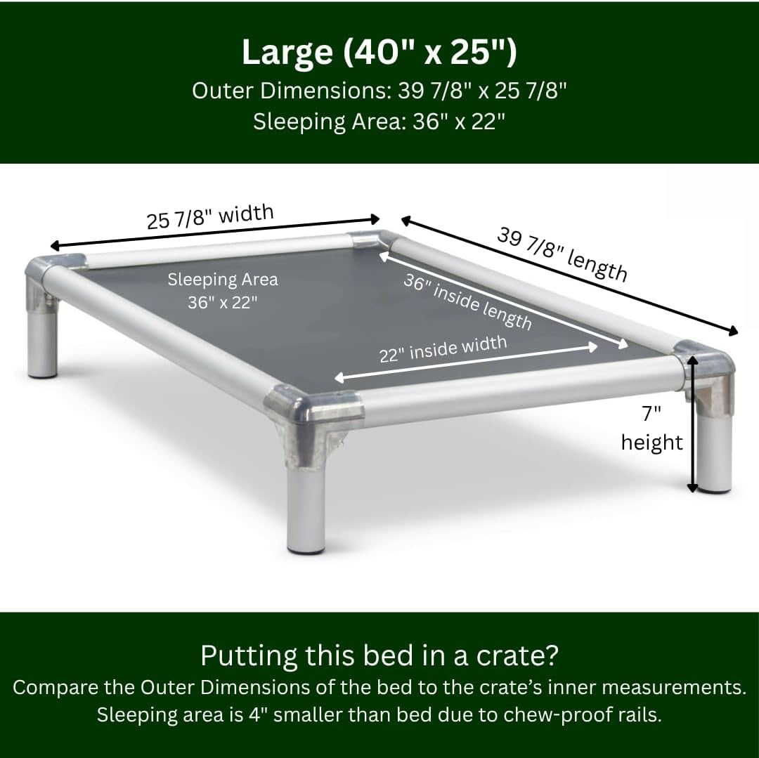 Kuranda Chewproof Elevated Dog Bed - Silver Aluminum - 40" X 25" - Cordura Nylon - Smoke