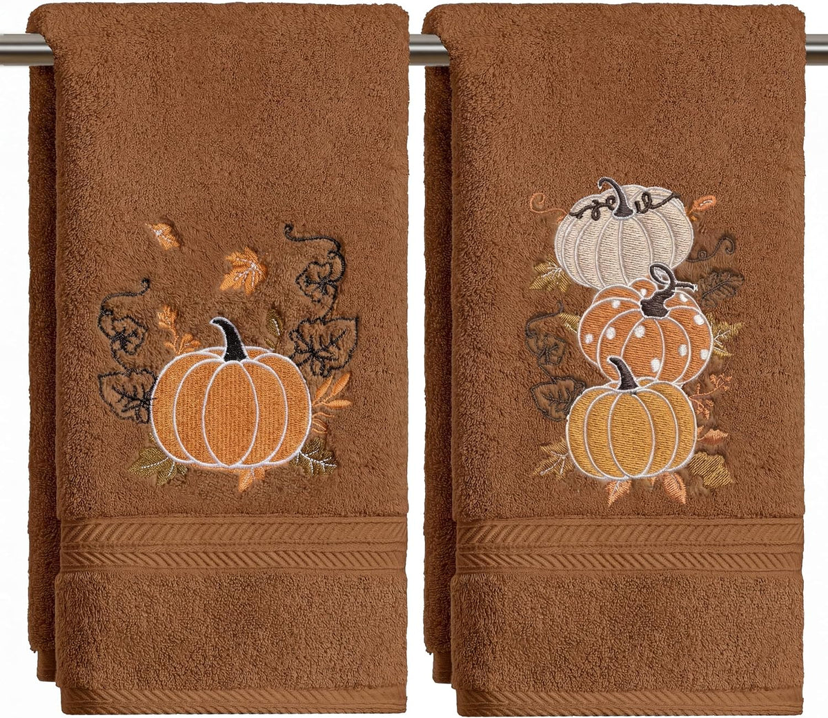 Artoid Mode 2 Pcs Caramel Maple Leaves Pumpkin Fall Embroidered Hand Towels
