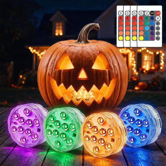 Halloween Pumpkin Lights with Remote, Submersible RGB LED Lights, Waterproof Battery Powered Jack-O-Lantern Lights for Pumpkin Decorations, Pool, Party and Holiday Decor (4 Pack)