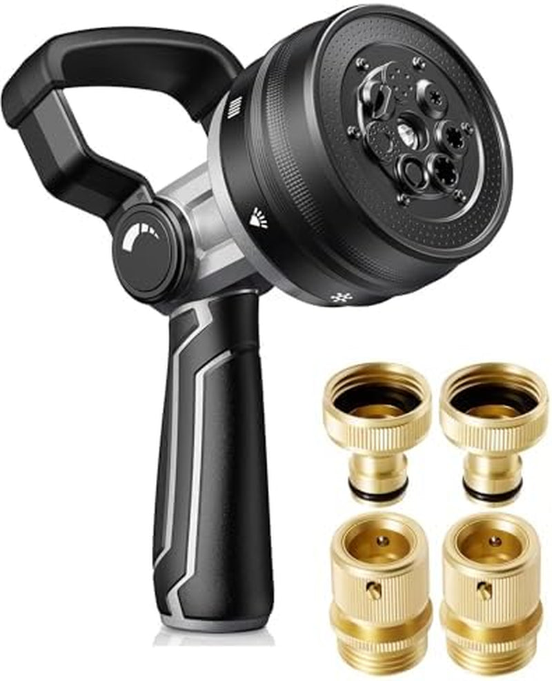 RAINPOINT Garden Hose Nozzle and Quick Connector Set, 7 Spray Patterns Heavy Duty Metal Hose Nozzle with Adjustable Flow Control, 3/4 Inch Solid Brass Quick Connectors for Easy Switching