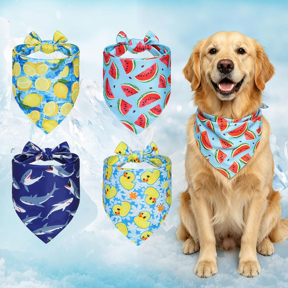 BINGPET Dog Cooling Bandana for Large Dogs, 4 Pack Reusable Dogs Cooling Scarf Towels, Chill Out Instant Dog Cooling Neck Wrap with Cute Fruits Shark Duck Pattern for Summer Hot Days