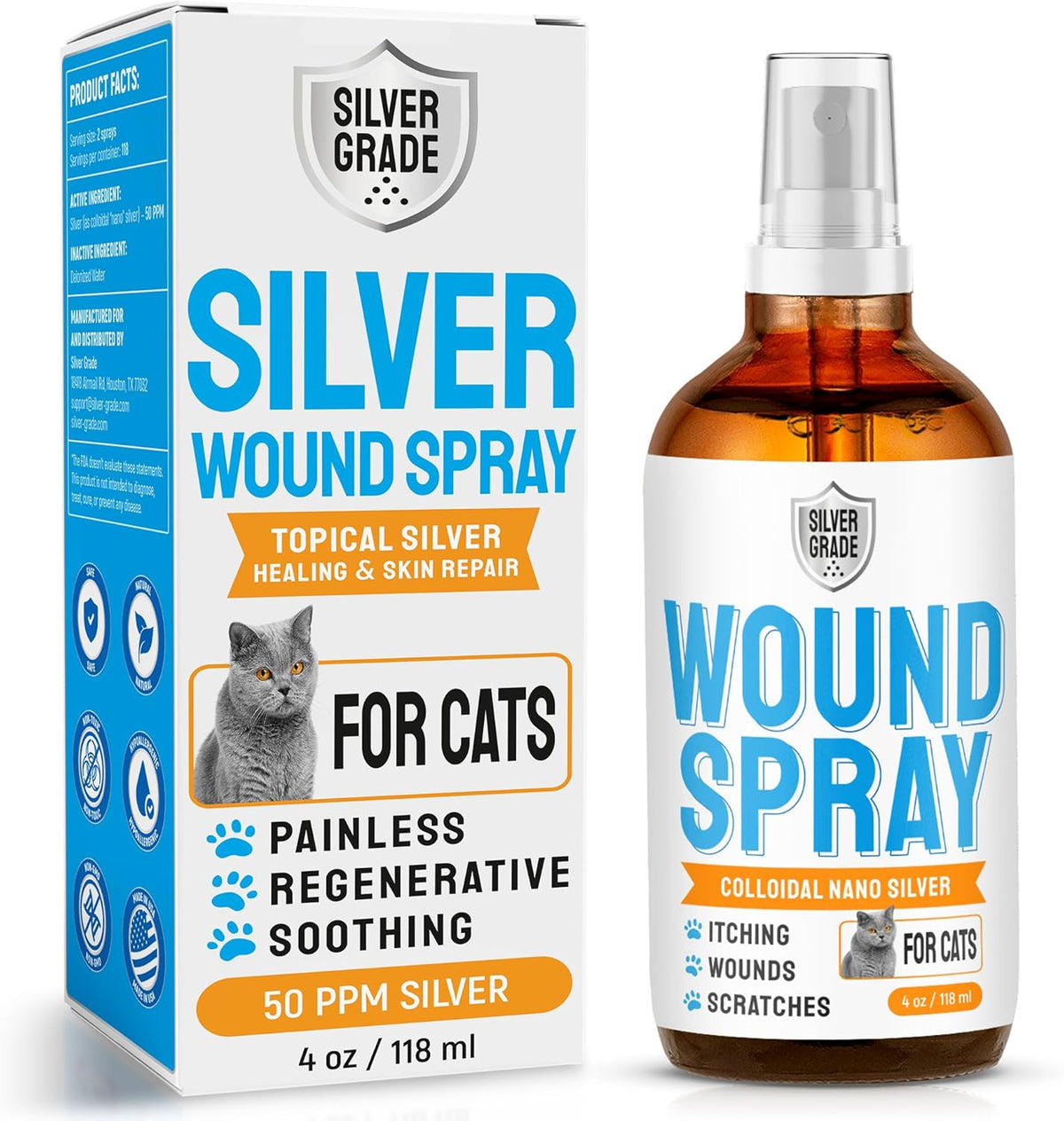SILVER GRADE Cat Wound Care Spray with Silver – Wounds, Rashes, Hot Spots, Itch, Scratching, Irritation, Bites & Burns – Use a Cat Cone to Prevent Licking – Safe Formula – 4 Oz