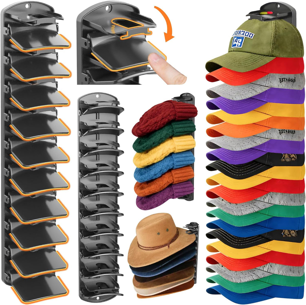 Spring Clip Hat Organizer Hold Storage 40 Caps for Baseball Caps（2-Pack） Wall Mount Closet & Door Hat Rack Holder Hanging Closet Install with Strong Adhesive or Screws.