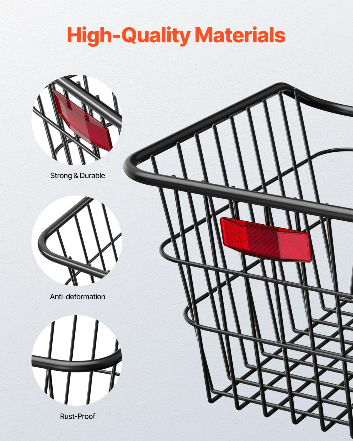 VEVOR Rear Bike Basket, Metal Wire Bicycle Basket with Reflective Tail Light & Waterproof Cover, Durable Bike Back Basket, Fits to Most Rear Bike Racks