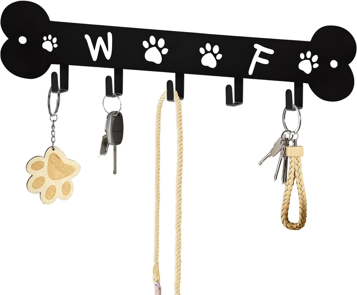 Dog Leash Holder for Wall Key Hooks Decorative, 5 Hooks 11×2.75 Inch for Wall Decorative Animal Storage Rack Adhesive, Black Key Holder Wall Mount for Entrance Living Room Kitchen-Dog Lovers Gifts