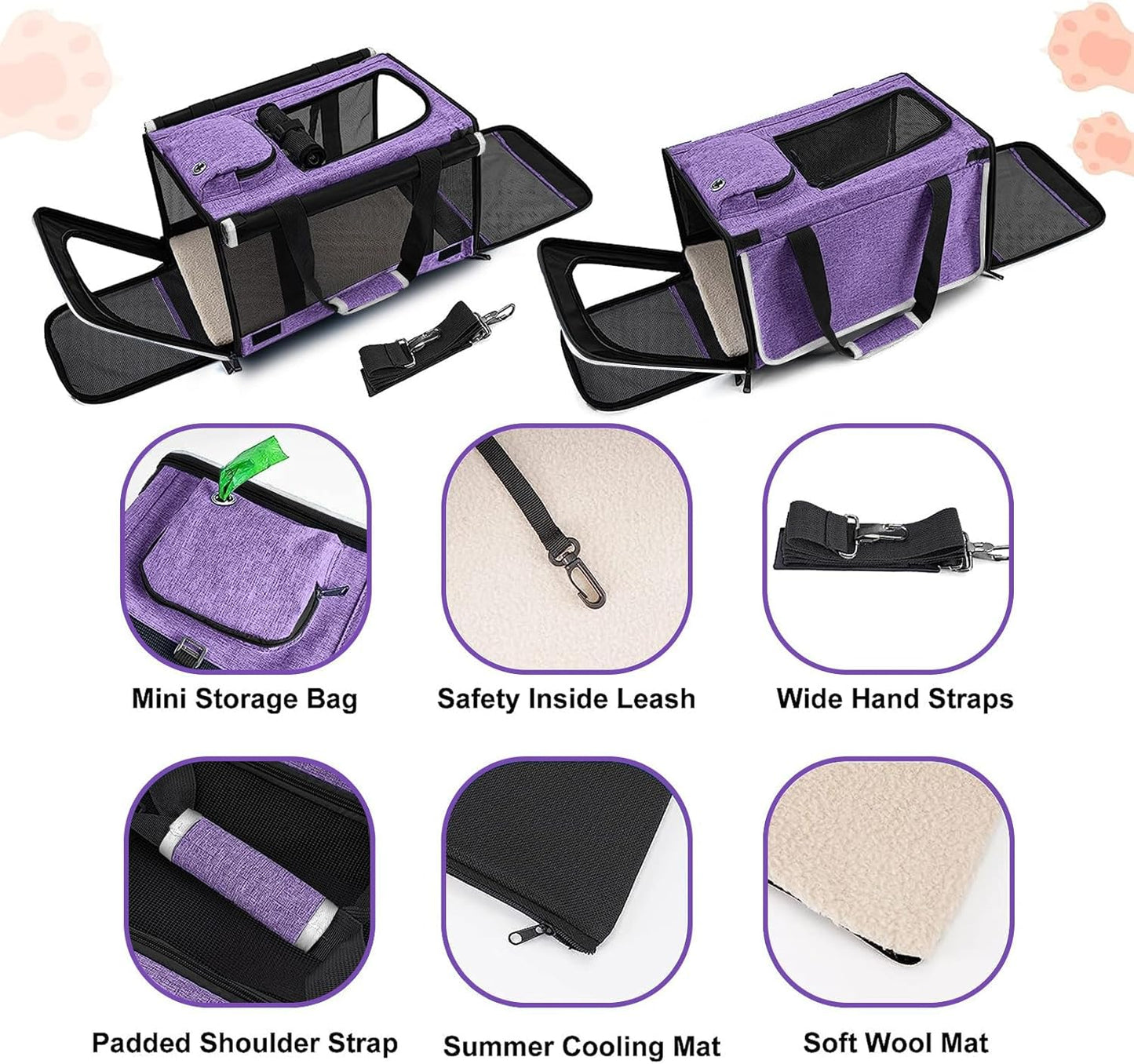GAPZER Carrying Bag for Yorkie Dog Travel Kennel Ventilated Softside Pet Carrier Tiny Dog Crate for Teacup Poodle 12Lb Large Kitty Transport Cage with Cover Chihuahua Supply Purple