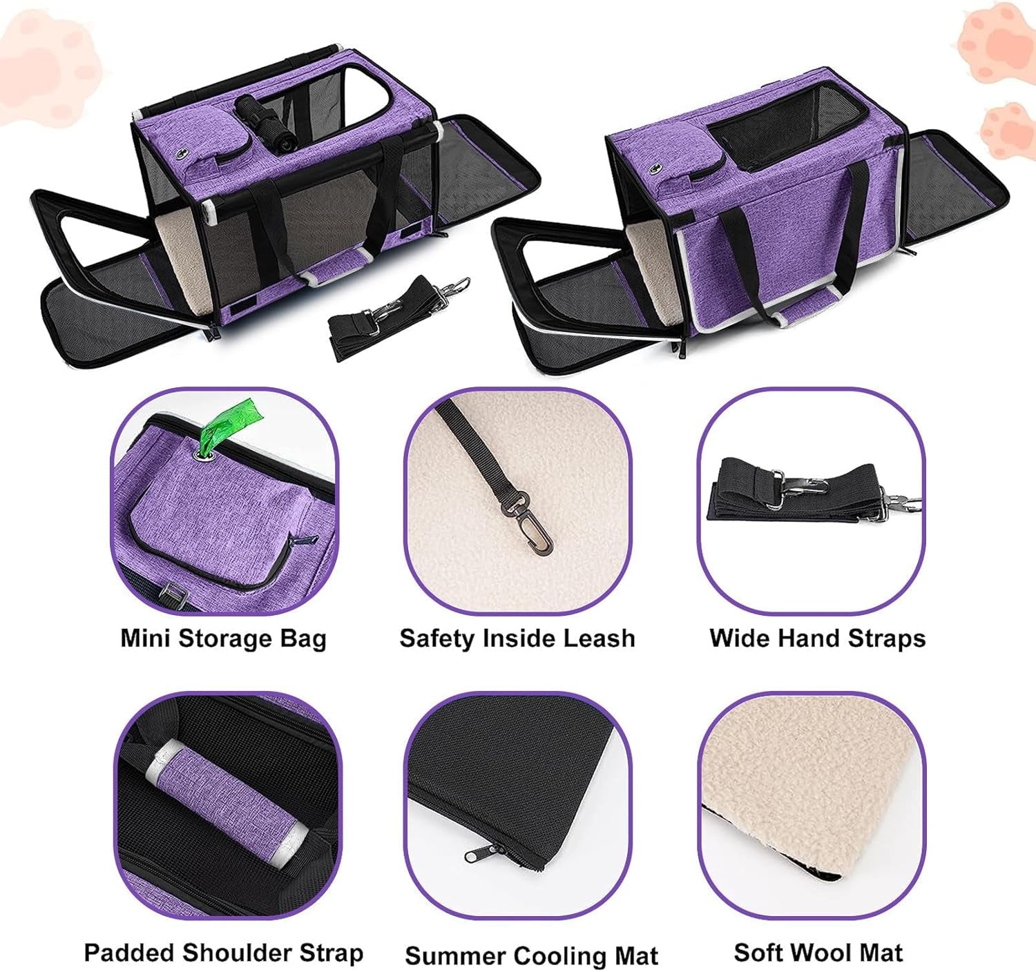GAPZER Carrying Bag for Yorkie Dog Travel Kennel Ventilated Softside Pet Carrier Tiny Dog Crate for Teacup Poodle 12Lb Large Kitty Transport Cage with Cover Chihuahua Supply Purple