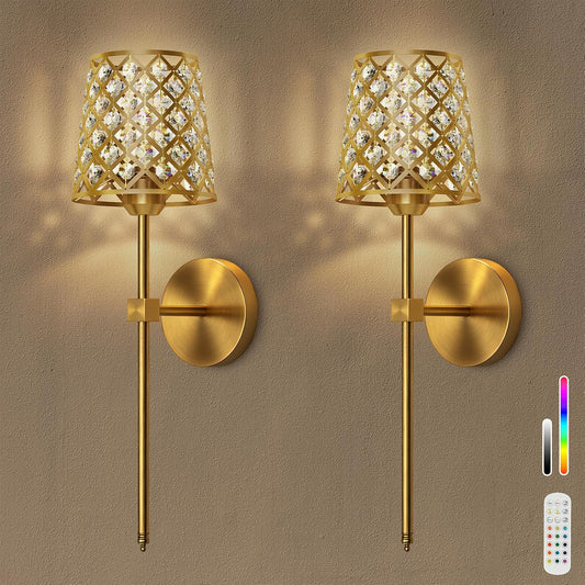Crystal Battery Operated Wall Sconces Set of 2, Gold Rechargeable Wireless Wall Sconce Lights for Home Decor, Dimmable 12 RGB and 3CCT Wall Lamps with Remote for Living Room Bedroom Hallway