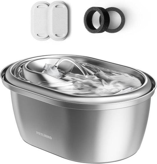 PETLIBRO Stainless Steel Cat Water Fountain, 101Oz/3L Automatic Water Dispenser for Cats Indoor, Quiet Pet Water Dispenser with 2 Filters, Adjustable Flow Cat Fountain Also for Small Dogs