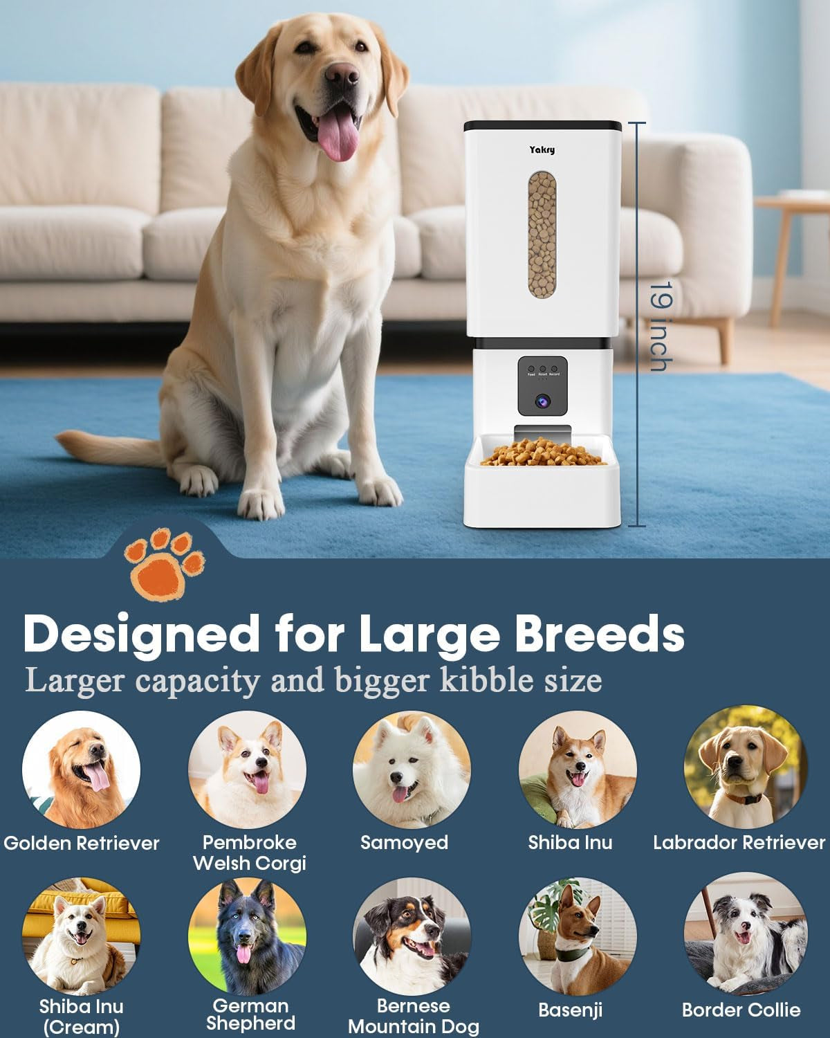 Automatic Dog Feeder Large Breed with Camera - 12L/50 Cups Anti-Clog Dog Food Dispenser for Kibble up to 20Mm/0.78 in - Wifi App Scheduling & HD 1080P Camera for Remote Mealtime Check-Ins by Yakry