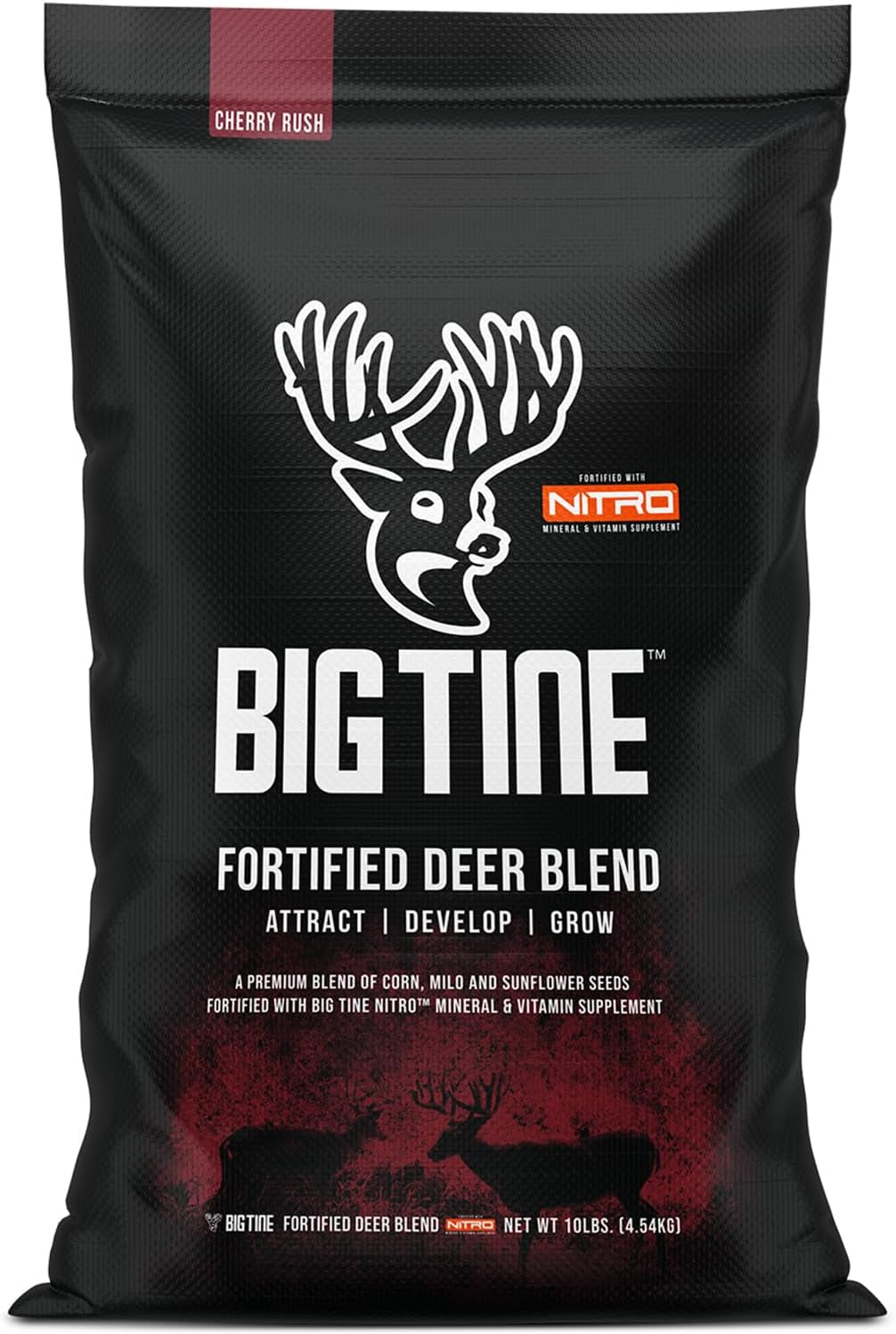 Big Tine Fortified Deer Blend, 10 Lbs, Cherry Rush Flavor, Whole Grain Feed, Nitro Mineral Formula, Nutritious, Packed with Vitamins and Minerals, Supports Antler Growth, Gravity or Ground Feeding
