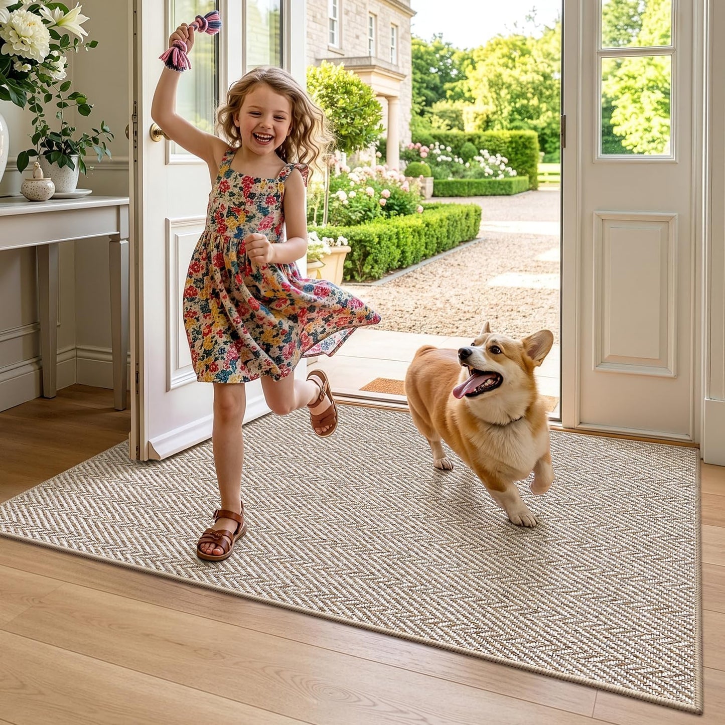 LUMI Ultra Thin Indoor Door Mat 24"X36", Entrance Doormat, Beige | 0.14" Ultra Thin, Dirt-Trapping & Absorbent Quick-Dry Surface, Waterproof Non-Slip Rubber Backing, Elegant Herringbone Design