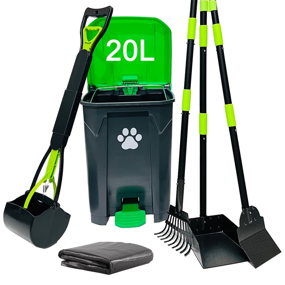20L Dog Poop Trash Can outside with Pooper Scooper & 50 Waste Bags