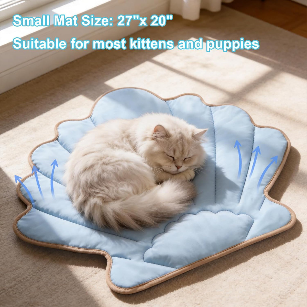 27" X 20" Sea Shell Cat Cooling Mat, Ocean Pet Cooling Mat Blanket for Indoor Cats, Coastal Washable Pet Pad for Couches Bed, Floor, Sofa 1 Pack (Blue & Beige)