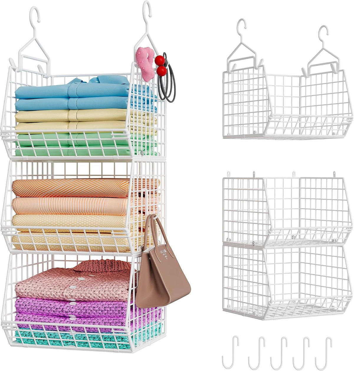 X-Cosrack 3 Tier Foldable Closet Organizer, Clothes Shelves with 5 S Hooks, Wall Mount&Cabinet Wire Storage Basket Bins, for Clothing Sweaters Shoes Handbags Clutches Accessories-White Patent Design