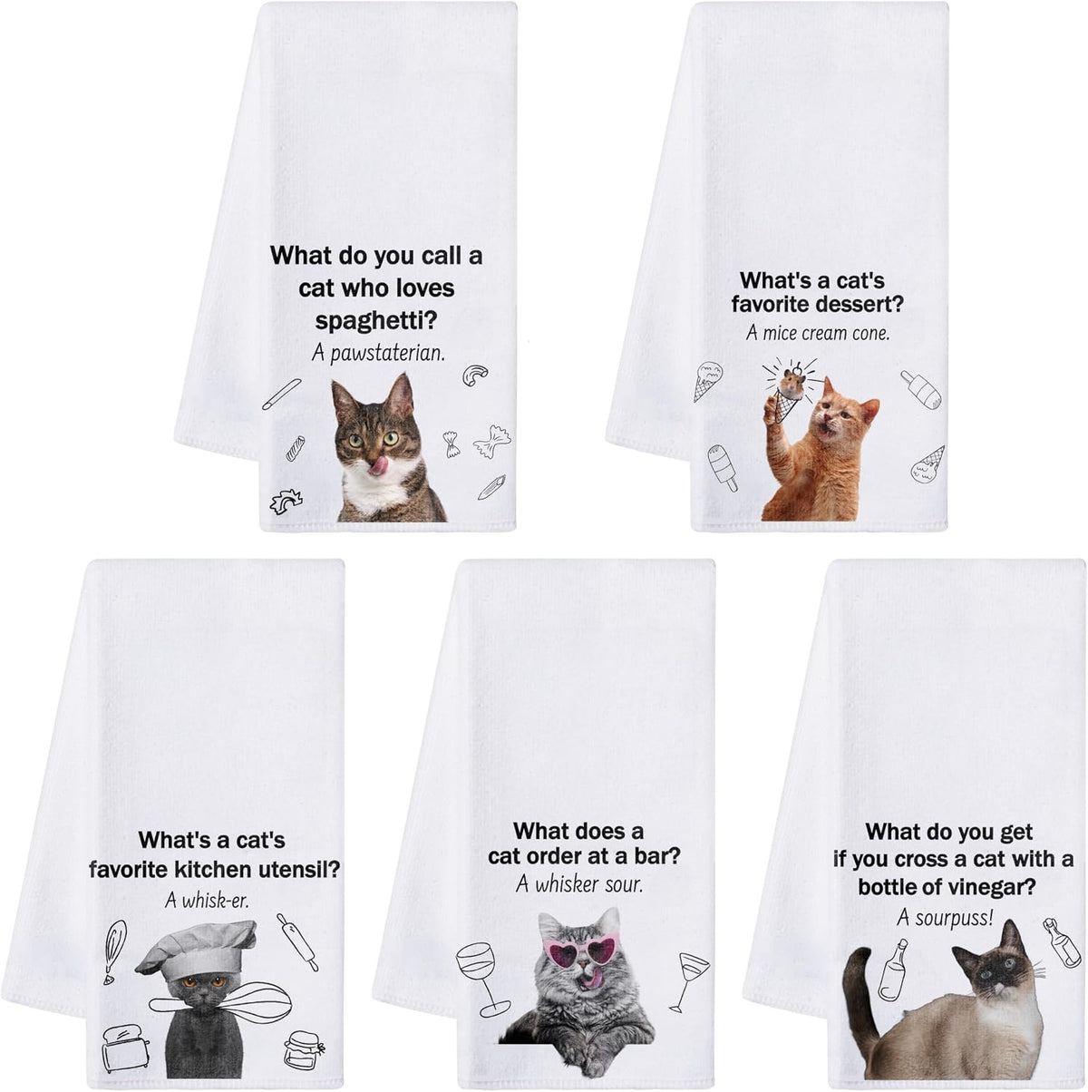 R HORSE 5Pcs Cats Kitchen Towels Set - Funny Cat Pun Jokes Absorbent Quick Dry Cloth Dish Tea Towels Reusable Bar Hand Dishcloths Decor for Cat Lovers Bathroom Kitchen Home Supplies Housewarming Gifts