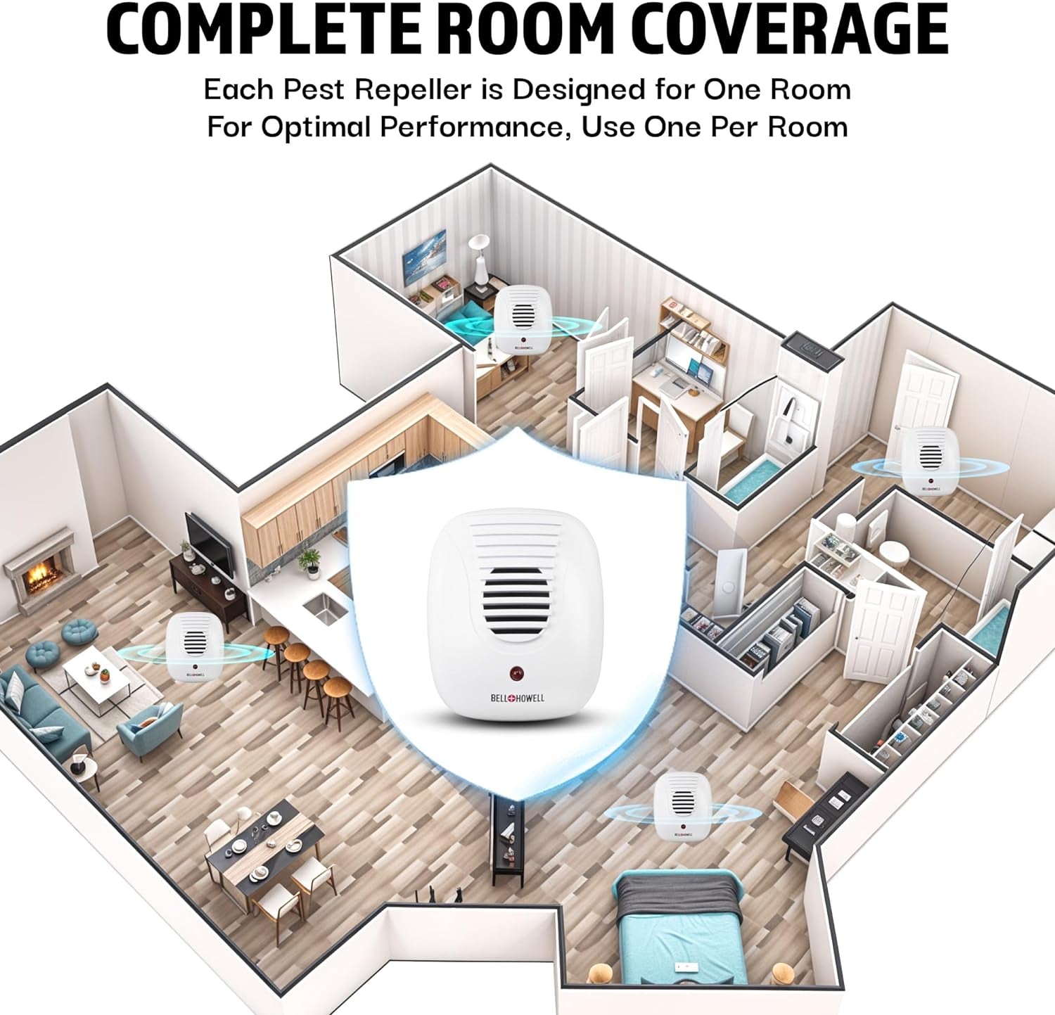 Bell + Howell Ultrasonic Pest Repeller Home Kit (Pack of 4), Ultrasonic Pest Repeller, Pest Repellent for Home, Bedroom, Office, Kitchen, Warehouse, Hotel