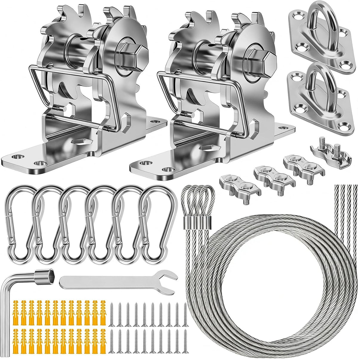 HYASIA Shade Sail Hardware Kit with Ratchet Winch, Heavy Duty 304 Stainless Steel Windproof Sun Shade Tension Kit for Rectangle Triangle Canopy, for Outdoor Patio Garden Vendor(Winch + 4Pcs Wire Rope)