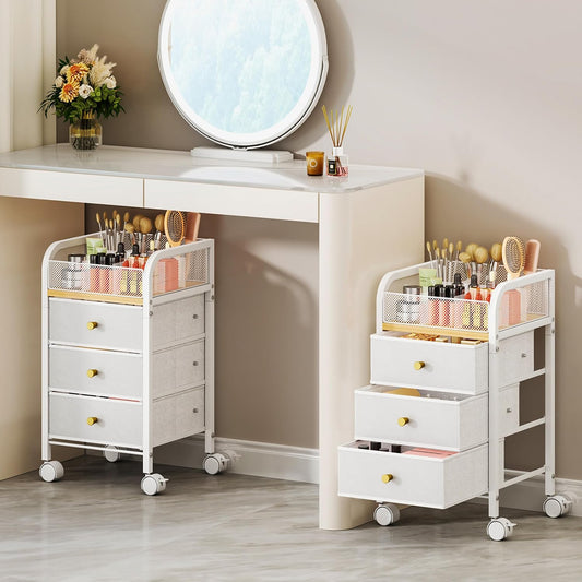 SWTYMIKI Rolling Makeup Organizer Cart - under Desk Vanity Makeup Storage with 3 Non-Woven Drawers, Nail Cart Organizer Cosmetic Display Cases Cabinet for Skin Care Perfume Nail Polish Brush Hair Tool