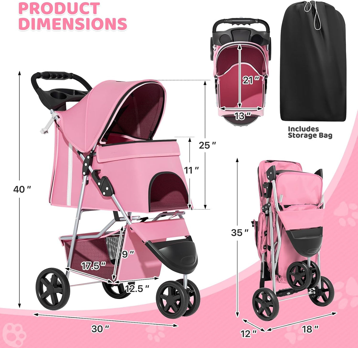 Magshion 3-Wheel Pet Stroller for Small/Medium Dog Cat, up to 33Lbs, Pink
