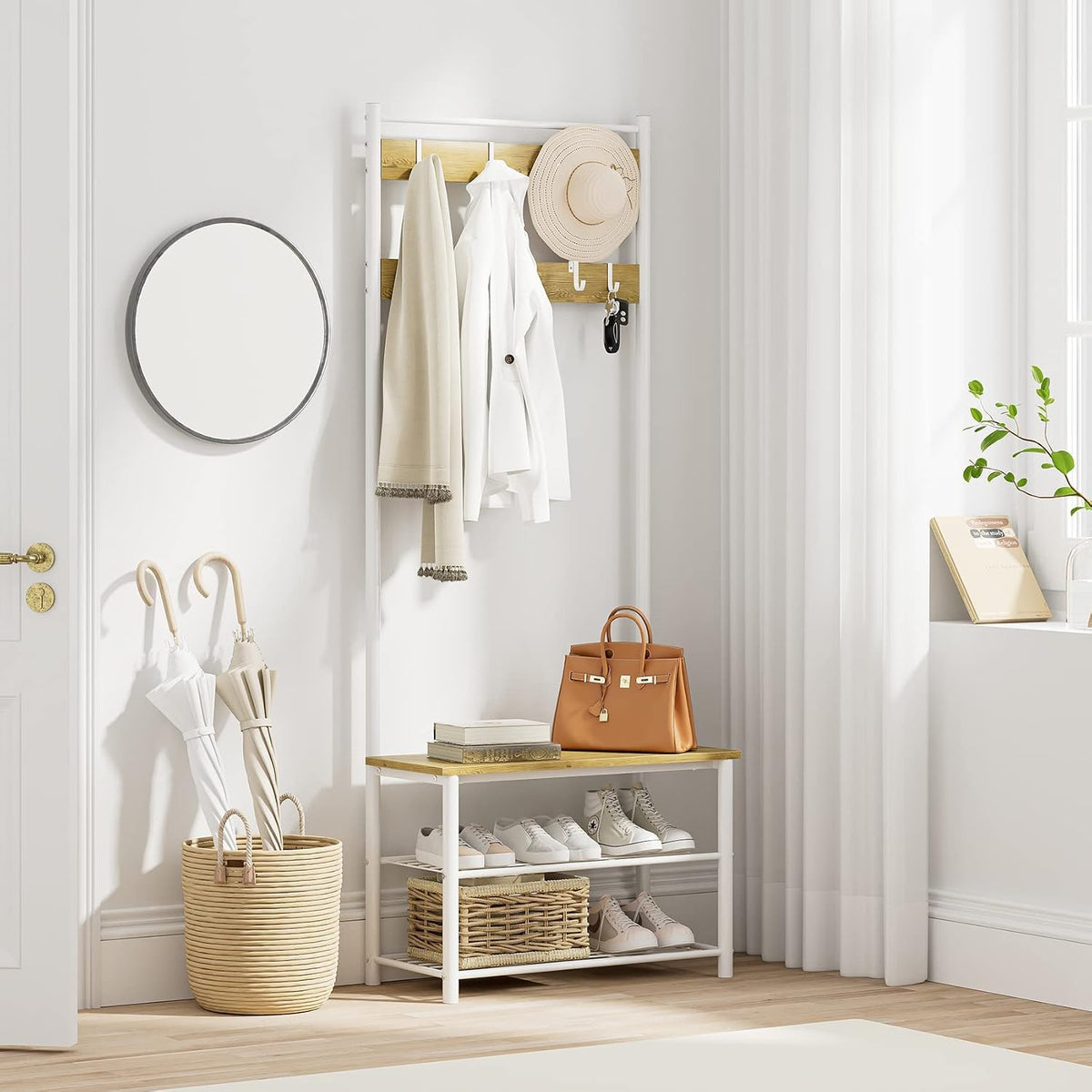 Hall Tree with Bench and Shoe Storage, 3-In-1 Coat Rack Shoe Bench, Freestanding Wooden Coat Rack with Metal Frame, 3-Tier Storage Shelf and 9 Removable Hooks, White/Walnut
