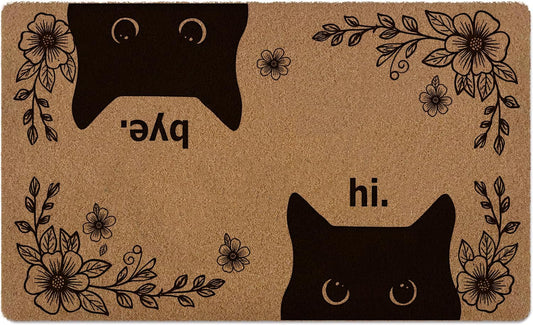 Cute Black Cat Flower Door Mat, Funny Welcome Front Indoor Entrance Non Slip Artificial Coir Doormat, Cat Lovers Owners Themed Porch Rustic Decor,17X30In