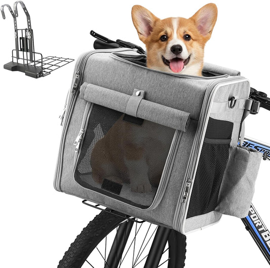 Xixter Dog Bike Basket Carrier – Secure Pet Bicycle Basket with Mesh, Safety Lanyard & Contains Metal Supports Reflective Strips for Small Dogs up to 22 Lbs,Suitable for Mountain Bikes Grey