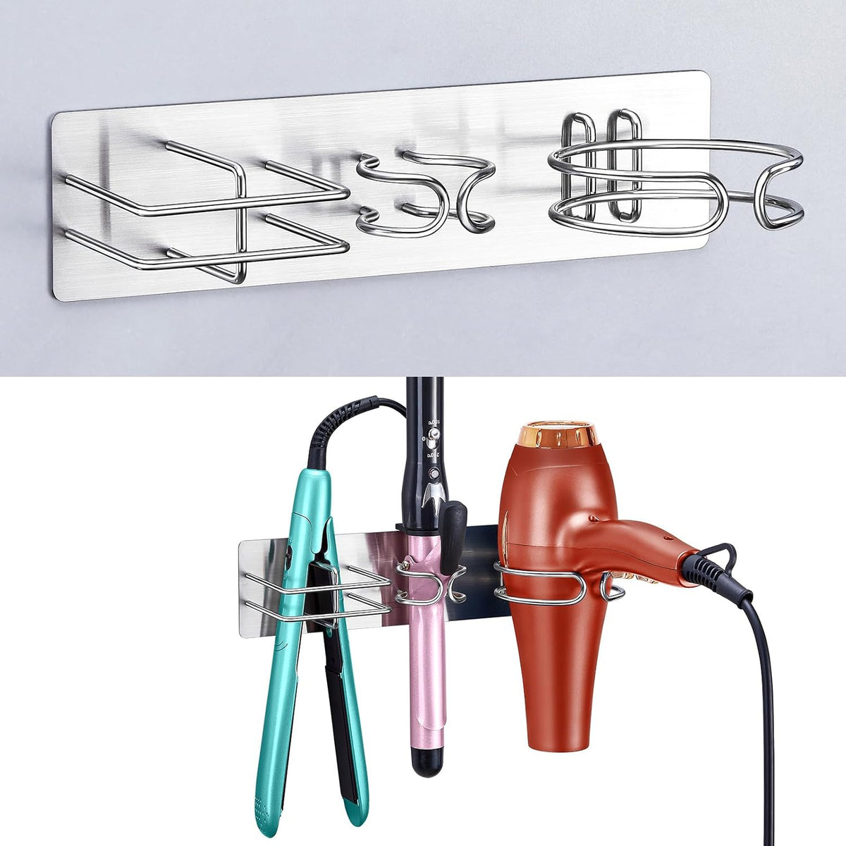 Blow Dryer Holder Wall Mounted Curling Iron Holder, 3 in 1 Hair Tool Organizer for Straightener, Curling Iron, Hair Dryer Holder Adhesive Flat Irons Storage for Bathroom Barber Shop (Silver)