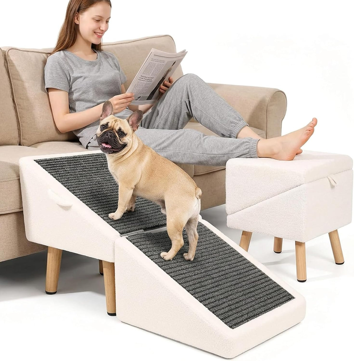 Dog Ramp & Stairs for Small Dogs, 2-In-1 Pet Ramp & Ottoman, 16" H
