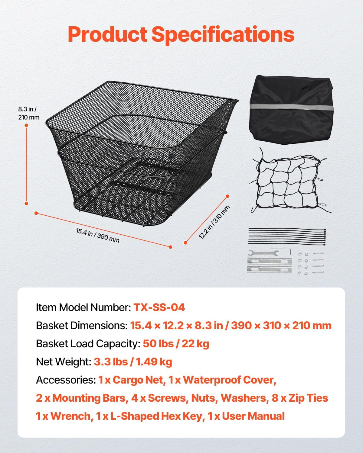 VEVOR Rear Bike Basket, Wire Mesh Bicycle Basket with Cargo Net & Waterproof Cover, Durable Metal Bike Back Basket, Fits Most Rear Bike Racks, Mounting Tools Included