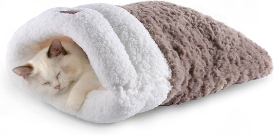 Self Warming Cat Cave Bed Double-Layer Faux Fur Sleeping Bag Coffee