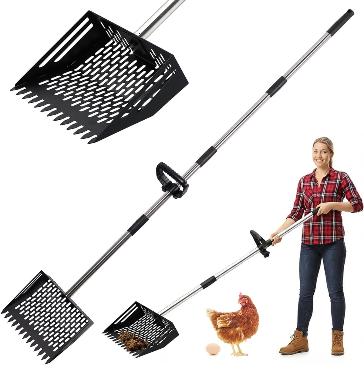 Chicken Poop Scooper & Rake 2-In-1, Adjustable 24'' to 66'' Metal Sand Sifting Shovel for Coop Cleaning, Effortless for Chicken Duck Rabbit Cages, Cat Litter, Fire Ash, Saving Time & Energy