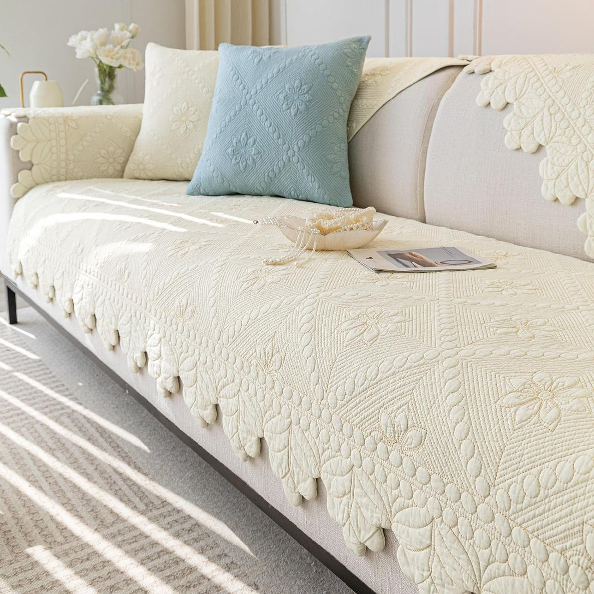 Quilted Couch Covers for Sofa Farmhouse Sofa Covers(Ivory,28"X59")