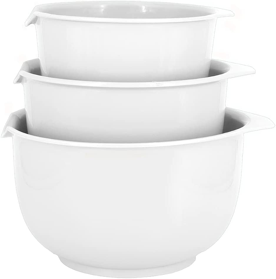 Glad Mixing Bowls with Pour Spout, Set of 3 | Nesting Design Saves Space | Non-Slip, BPA Free, Dishwasher Safe Plastic | Kitchen Cooking and Baking Supplies, White