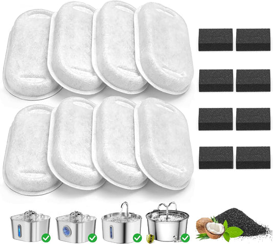 Cat Water Fountain Filter Replacement, 8 Pack Filters & 8 Pack Sponges