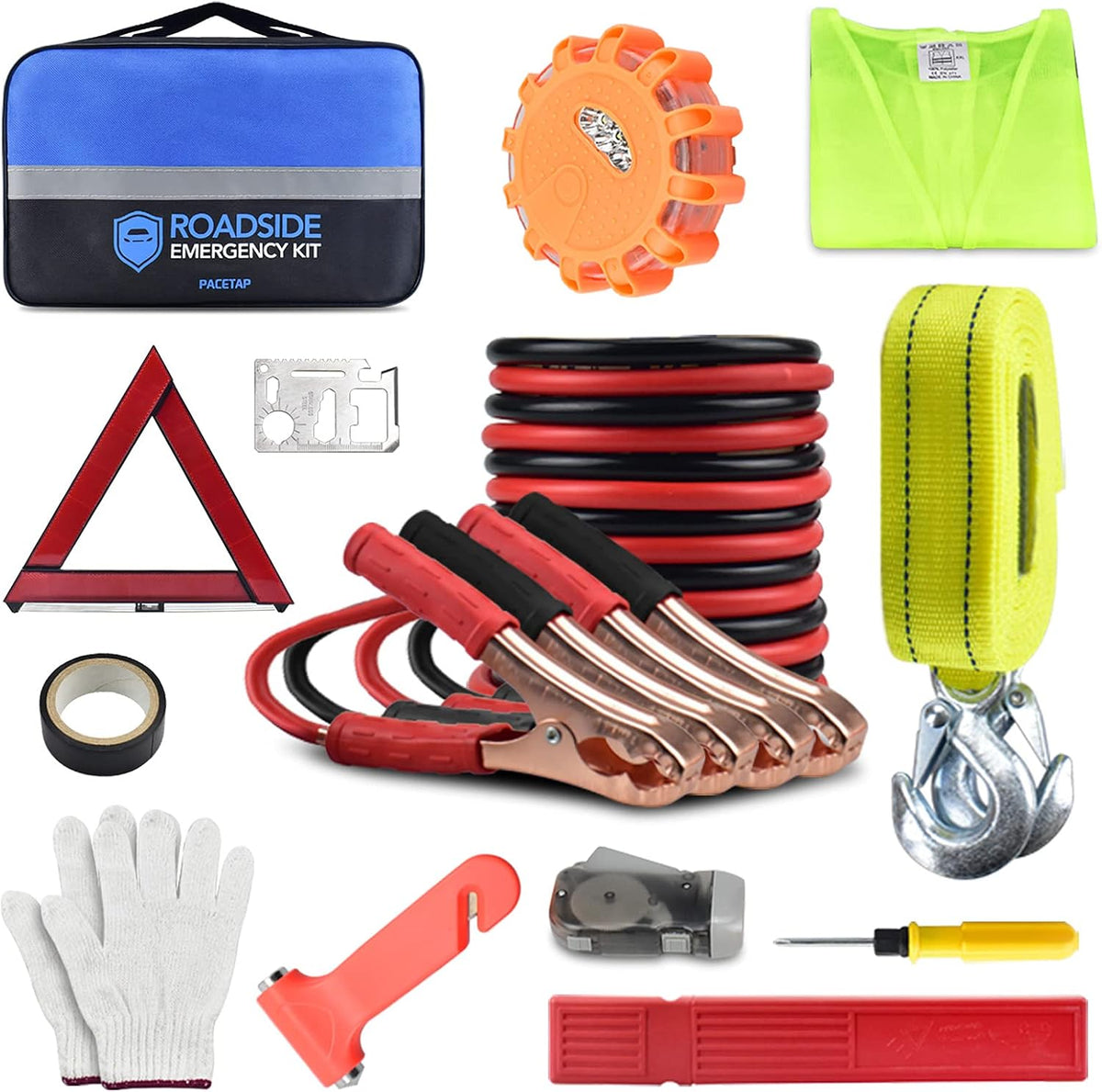 PACETAP Car Roadside Emergency Kit, Essential Auto Safety Road Side Assistance Tool Kit with Jumper Cables, Towing Rope, Triangle and More Winter Vehicle Accessories