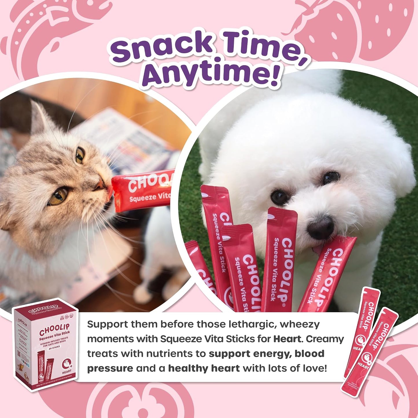 Choolip Squeeze Vita Stick Lickable Cat and Dog Treats, 7-Count Heart Support, Salmon and Tuna with Coq10, Taurine and L-Carnitine, Grain-Free, Vet-Formulated