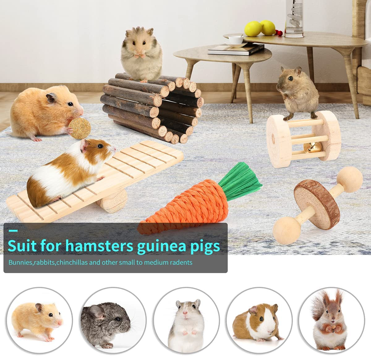 Hamster Toys Guinea Pig Toys Hamster Wheel Hamster Cage Accessories Small Animal Molar Chew Toys for Chinchillas,Gerbils,Mice,Rats,Mouse,Rabbit,Bunny Hideout Seesaw (12 Different Chew Toys)