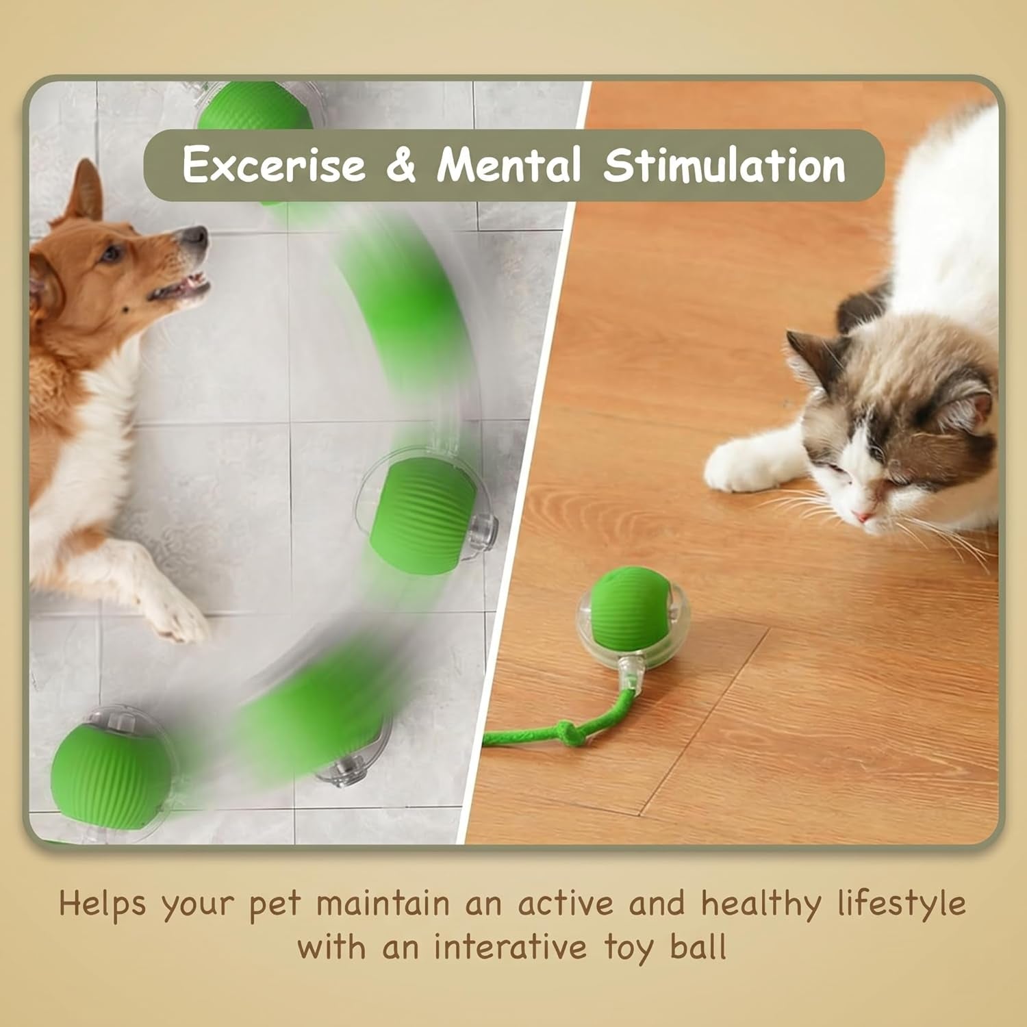 Rechargeable Smart Ball 2.0 Automatic Cat Toy - Interactive Cat Toys for Indoor Cats - Motion Activated Moving Cat Ball Toy, Self Rolling Interactive Dog Toys for Small Dogs with 3 Speed Modes [Green]
