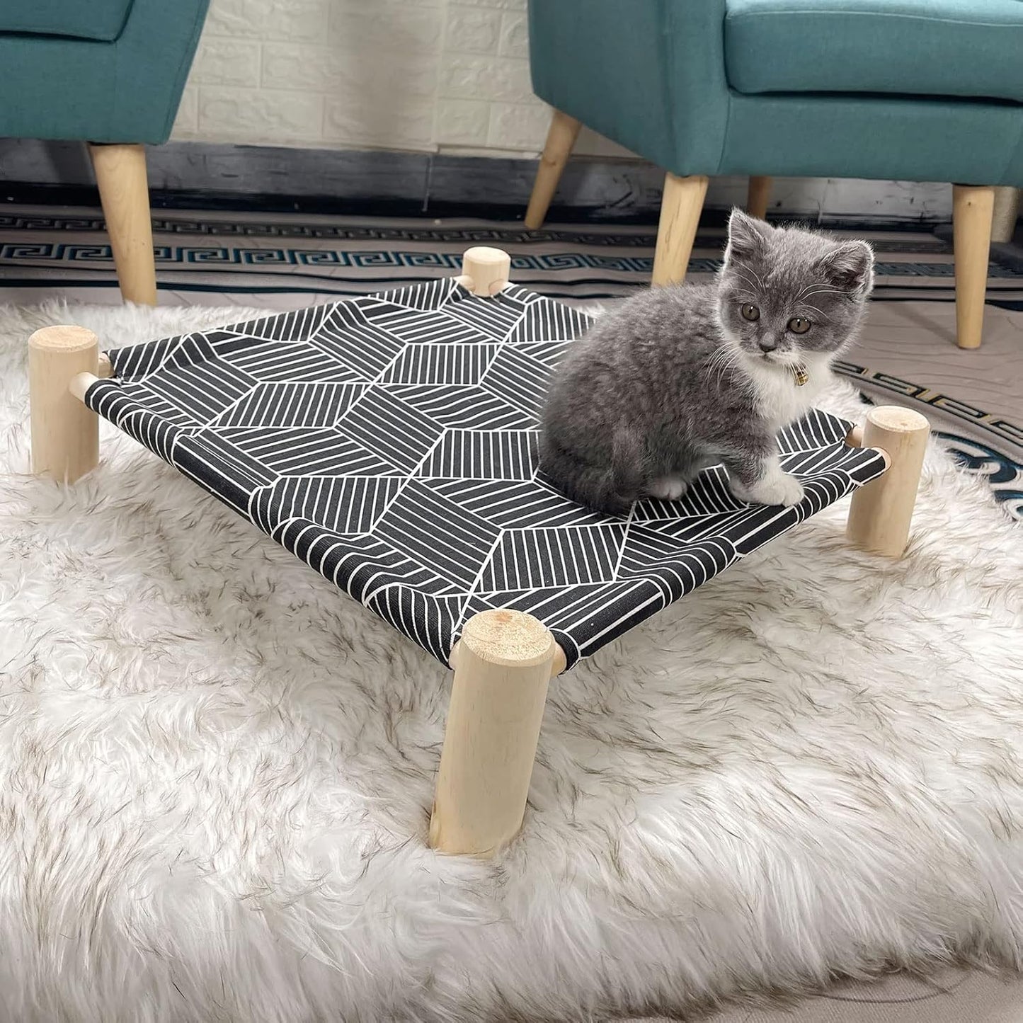Pozico Cat/Dog Bed Hammock Cat Bed, Wooden Dog Elevated Indoor Outdoor Beds, Raised Cat Cots Furniture Pet Bed Puppy Bed Portable Breathable Mesh Cat Beds for Small Animals-Black Diamond