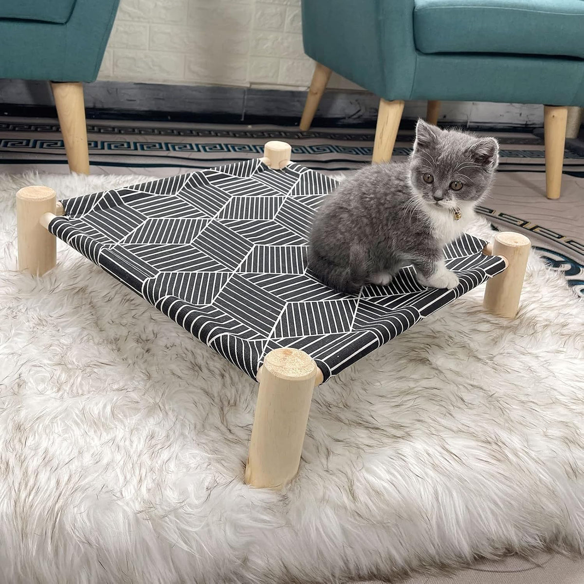 Pozico Cat/Dog Bed Hammock Cat Bed, Wooden Dog Elevated Indoor Outdoor Beds, Raised Cat Cots Furniture Pet Bed Puppy Bed Portable Breathable Mesh Cat Beds for Small Animals-Black Diamond