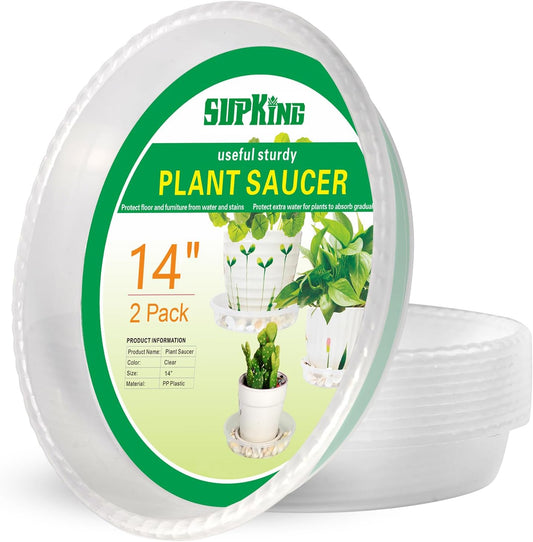 Supking Large Plant Saucers Drip Tray 2 Pack 14 Inch Heavy Sturdy Plastic Flower Pot Saucers for Indoor,Clear Plastic Planter Water Tray for Plant Pots Liners (14''-Clear)